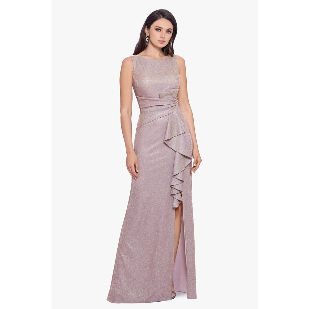 Betsy & Adam Shimmer Dusty Rose Ruffle-Front Maxi Dress